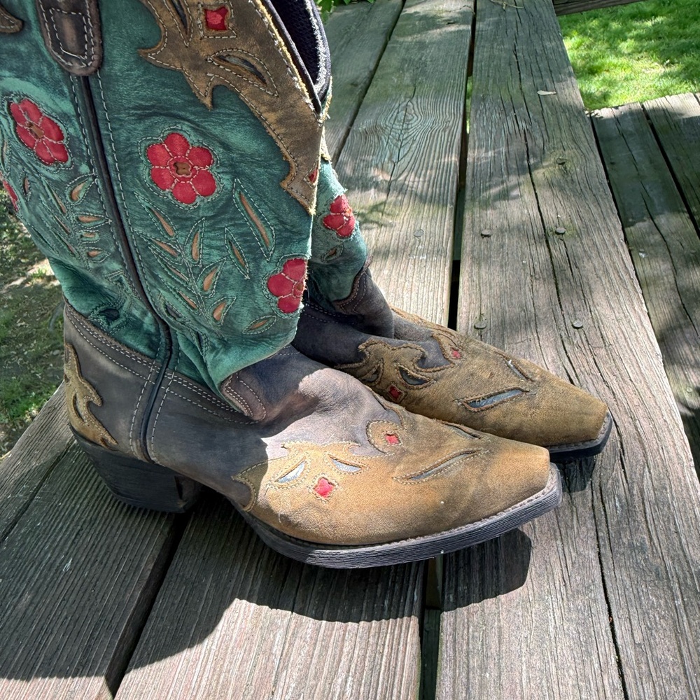 Dan Post Teal and Brown Embroidered Western Heeled Boots with Red Floral Accents - Picture 2 of 8